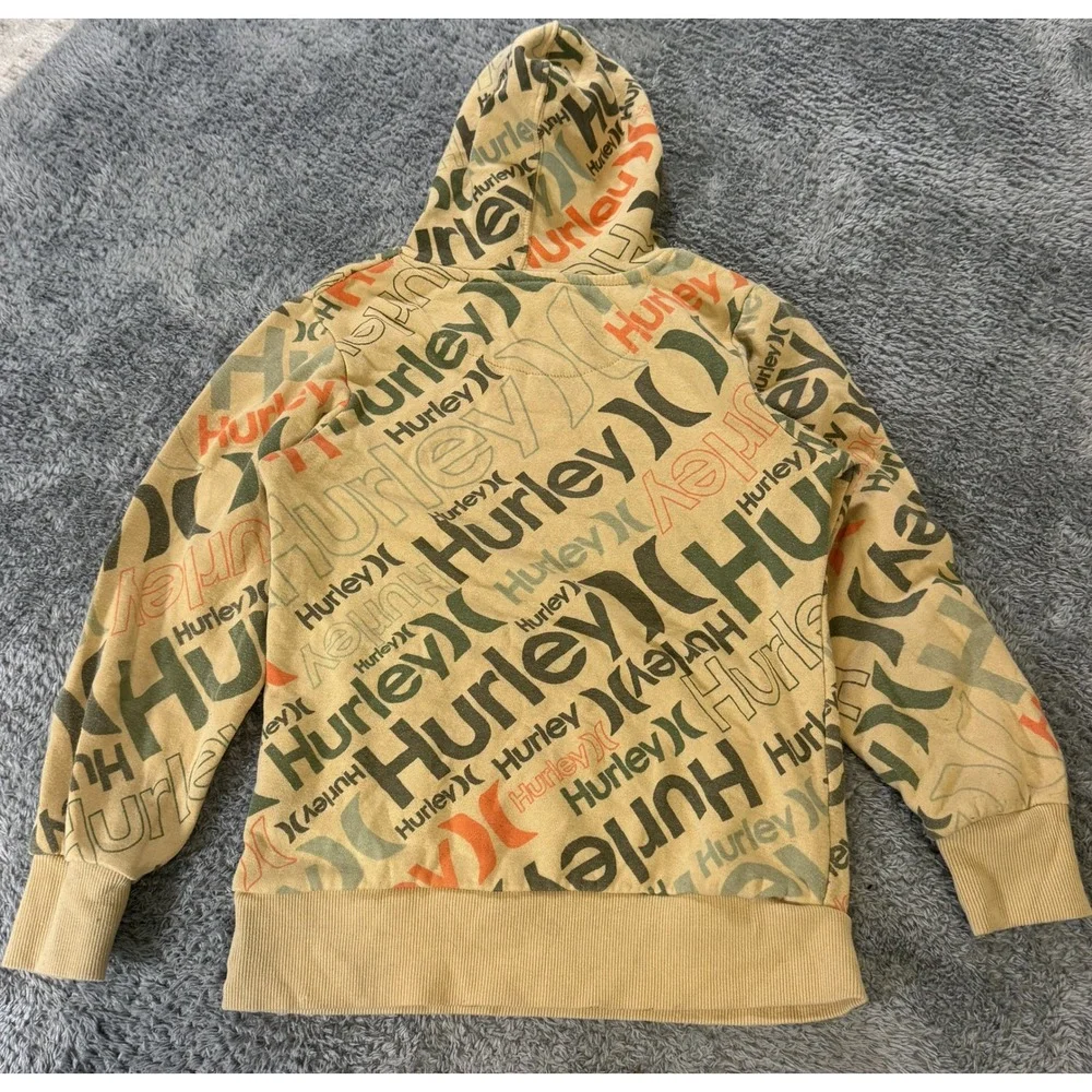 Hurley Boys All Over Logo Hoodie Medium Tan Fleece Lined Skate Surf Sweatshirt